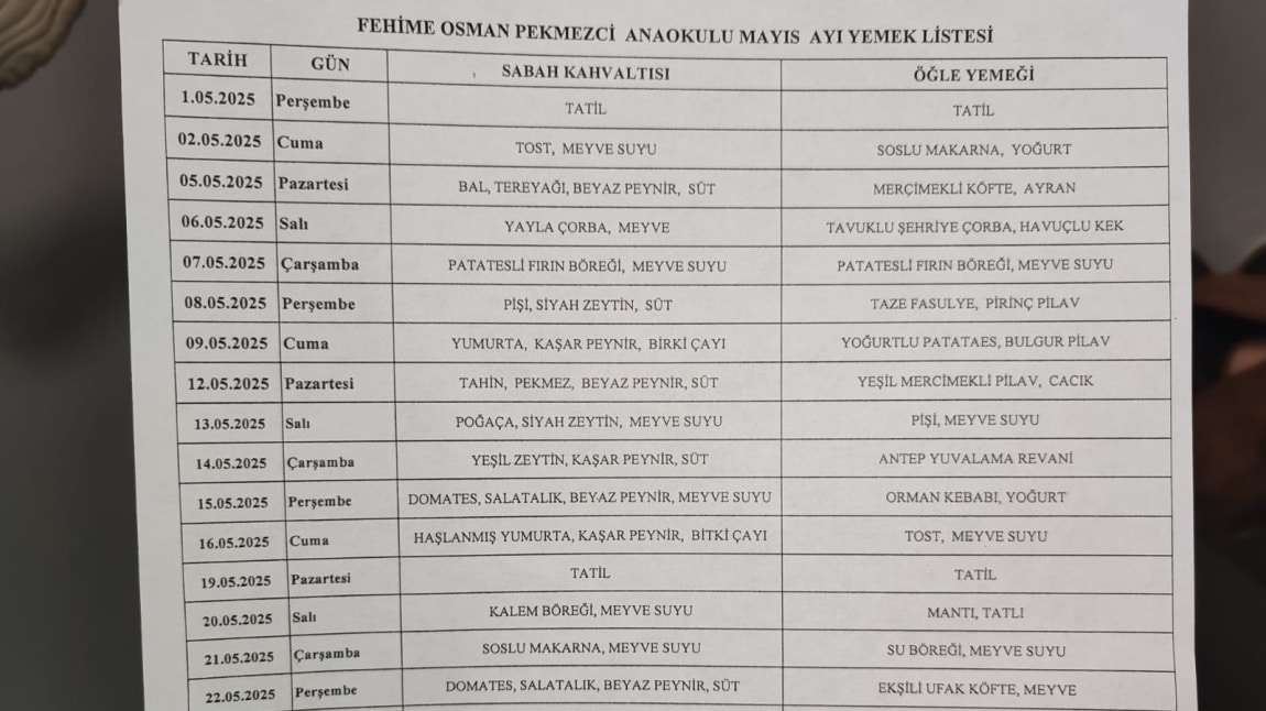 Fehime Osman Pekmezci Anaokulu Mayıs Ayı Menüsü