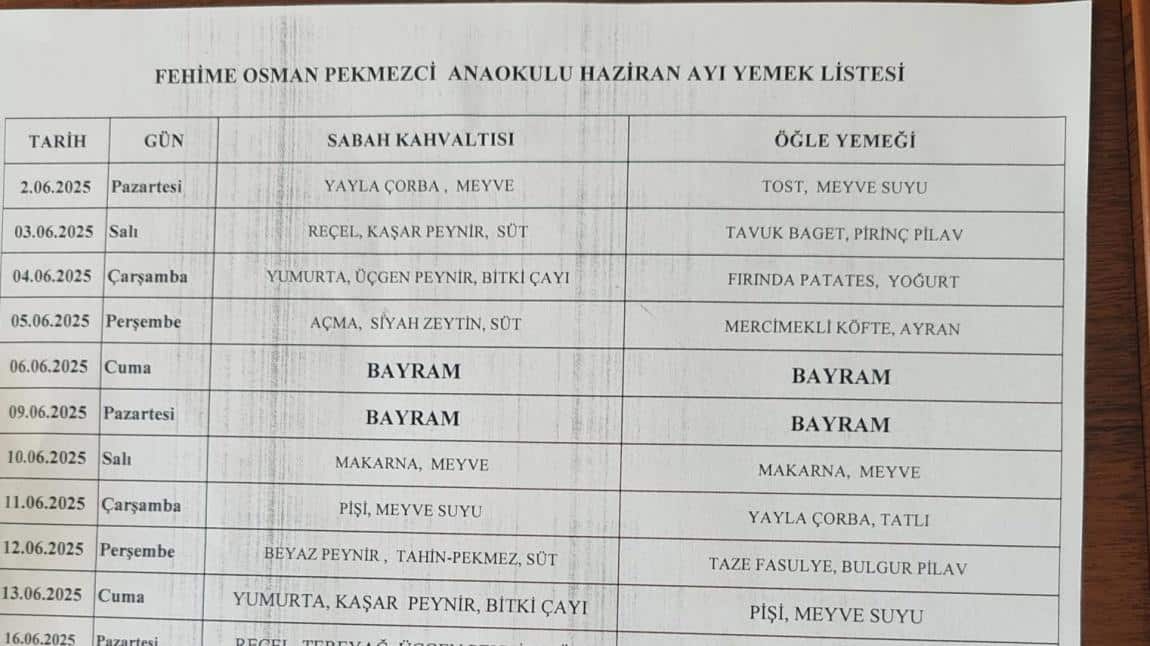 Fehime Osman Pekmezci Anaokulu Haziran Ayı Menüsü